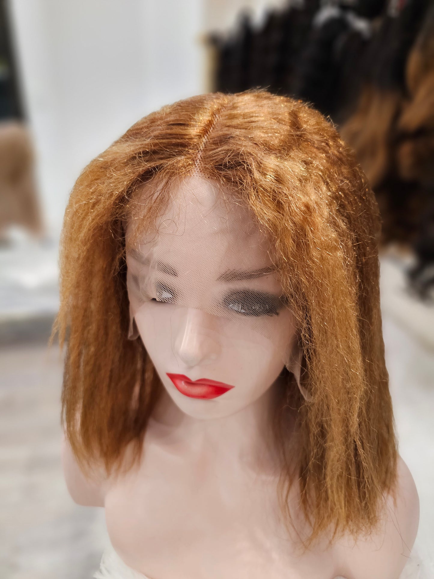 PARRUCCA 100% CAPELLI VERI KINKY STRAIGHT 14" ( 35cm ) FRONT LACE Bobtt-6a4/27#Txst14Xm
