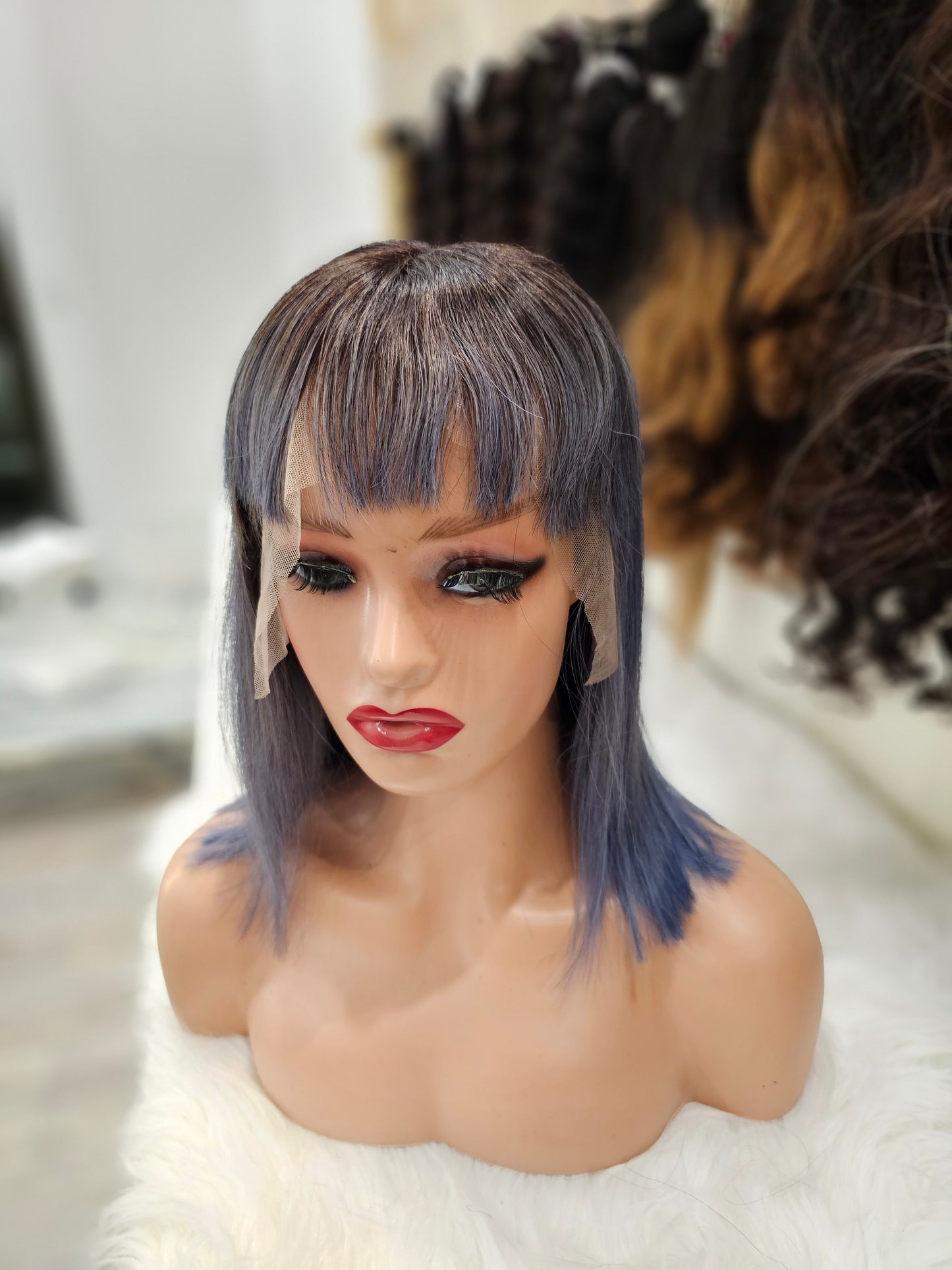 Parrucca 100% capelli veri 12" ( 30cm ) con frangia colore 1b con sfumature grigie