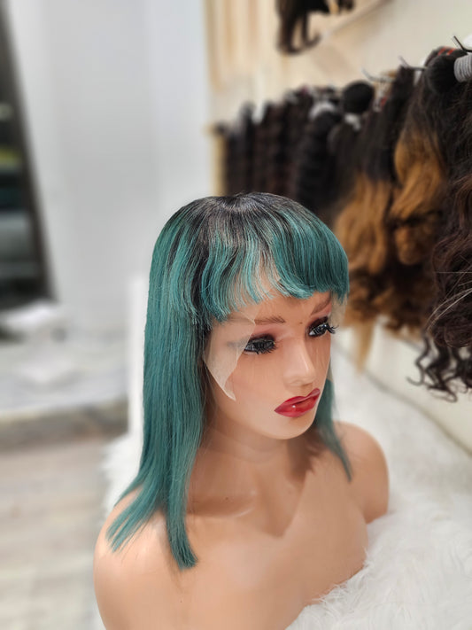 Parrucca corta 100% capelli veri 12" ( 30cm ) con frangia colore 1b con sfumature verdi bobtt-6a1b/LLHSt12LG