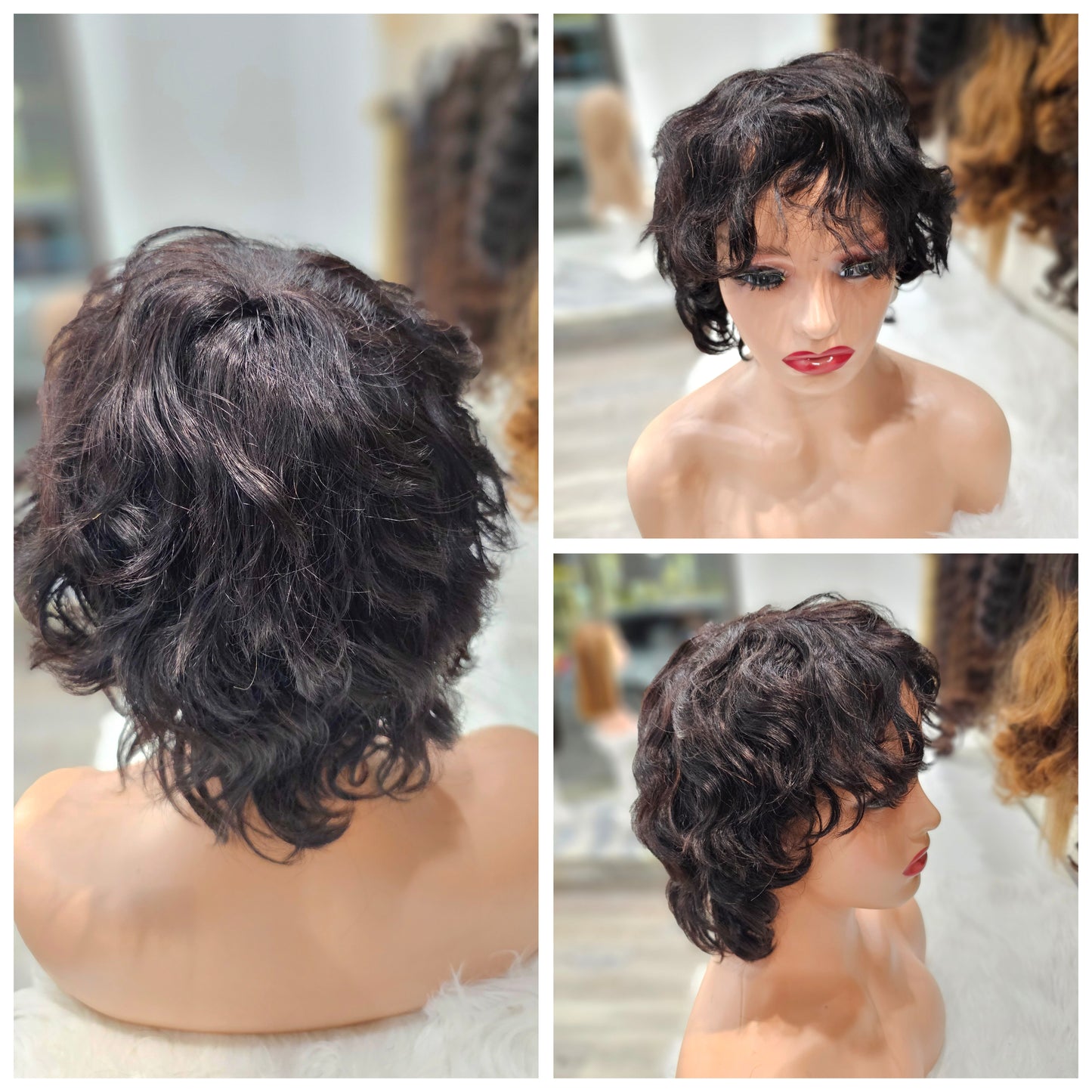 Parrucca mossa nera corta, 100% capelli veri 30cm con frontale