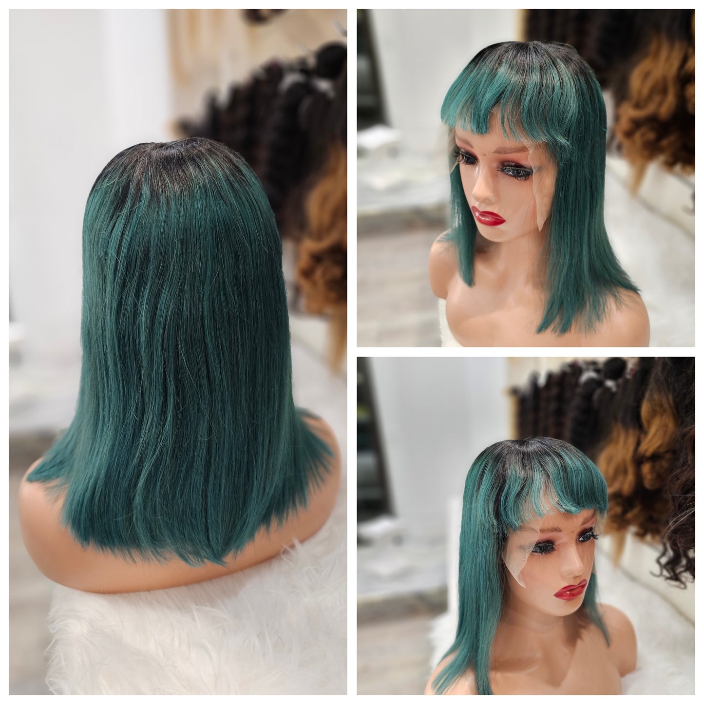 Parrucca corta 100% capelli veri 12" ( 30cm ) con frangia colore 1b con sfumature verdi bobtt-6a1b/LLHSt12LG