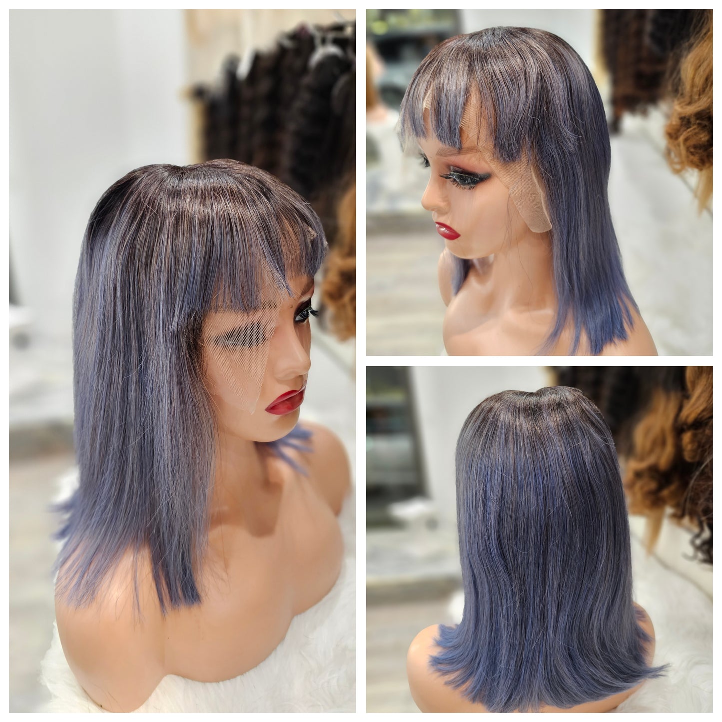 Parrucca 100% capelli veri 12" ( 30cm ) con frangia colore 1b con sfumature grigie