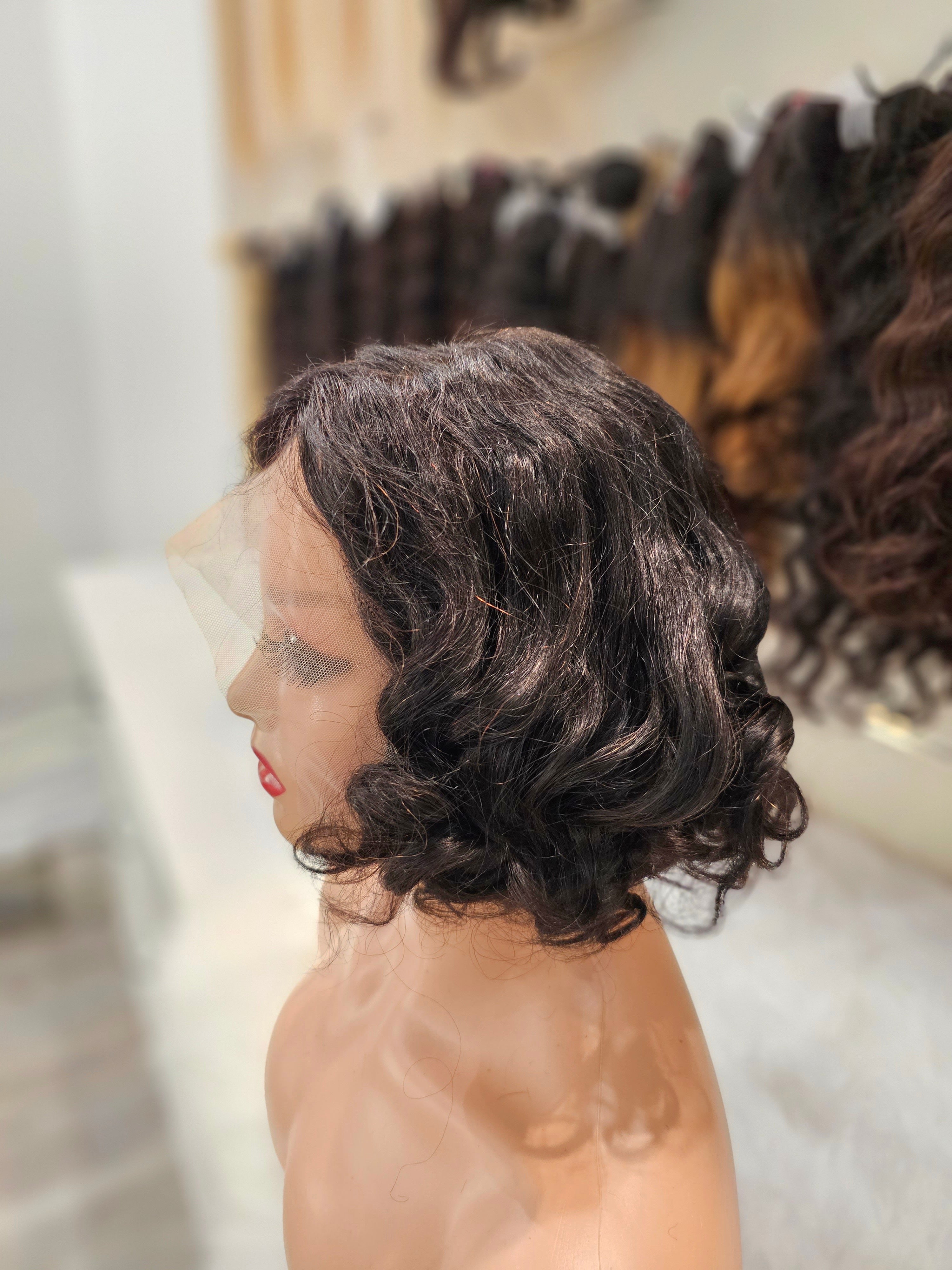 Parrucca mossa nera corta, 100% capelli veri 30cm con frontale