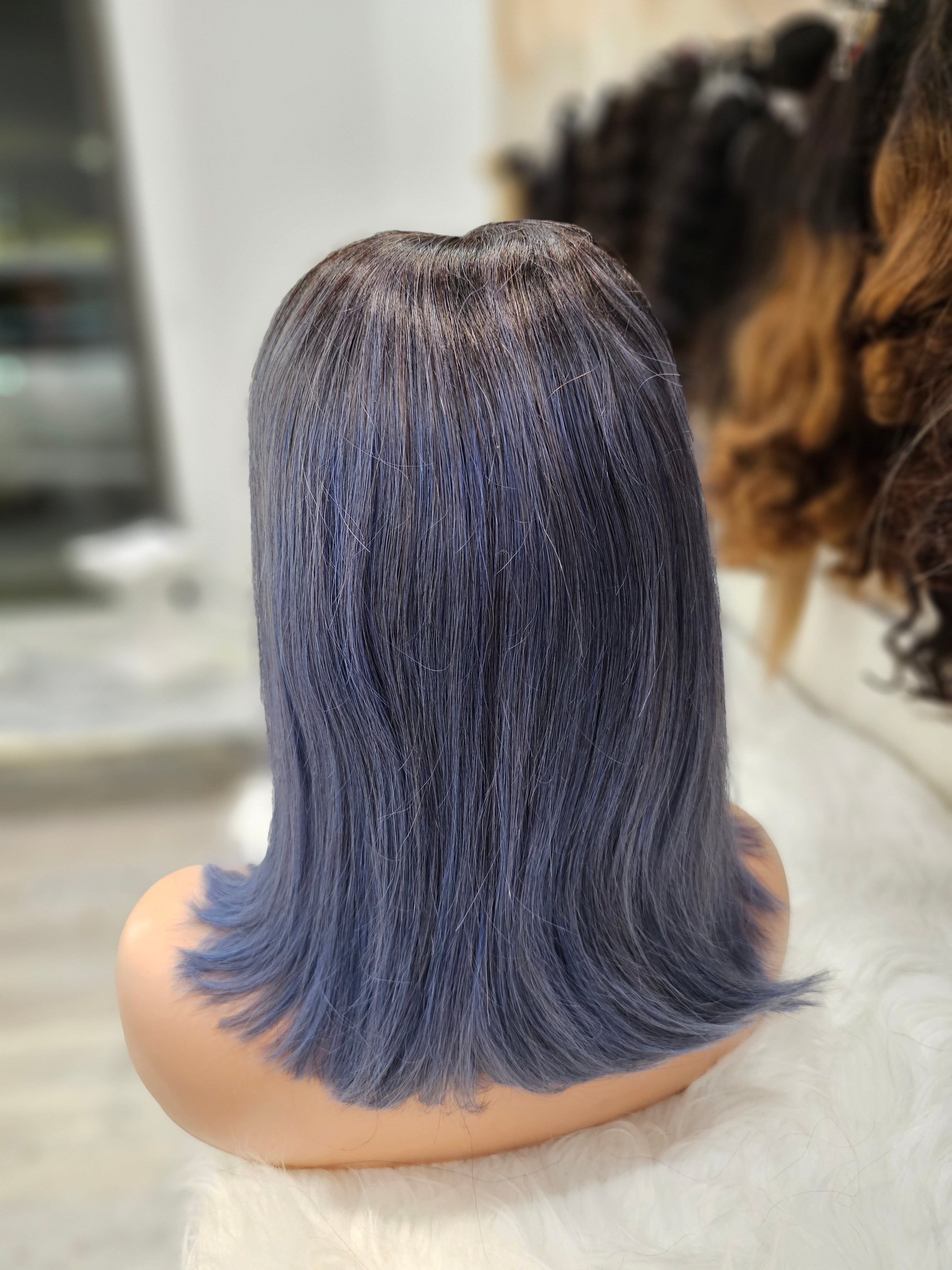 Parrucca 100% capelli veri 12" ( 30cm ) con frangia colore 1b  con sfumature grigie