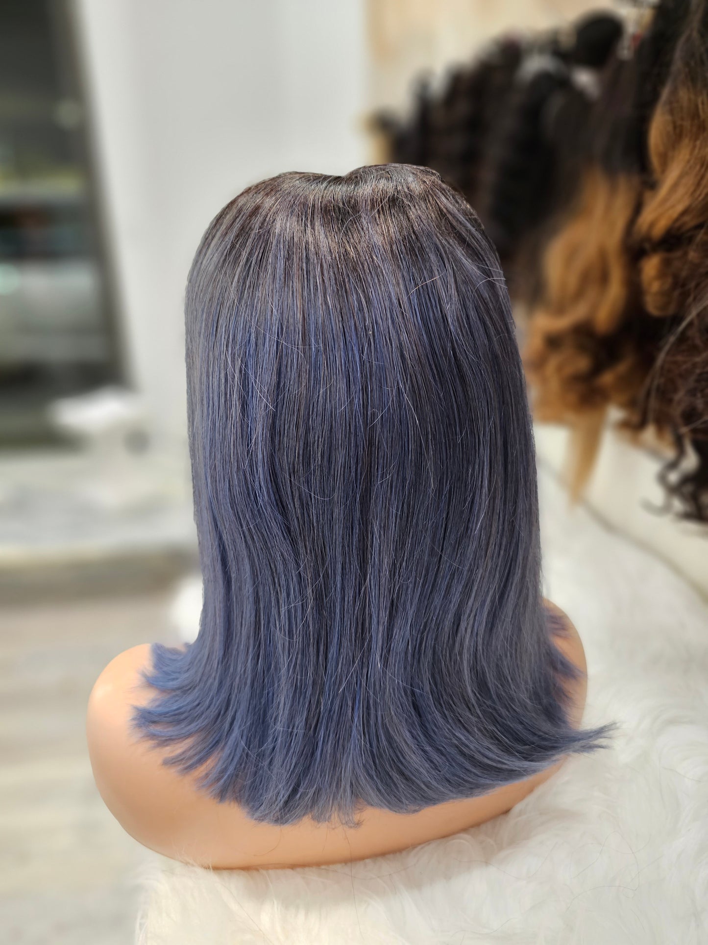 Parrucca 100% capelli veri 12" ( 30cm ) con frangia colore 1b  con sfumature grigie