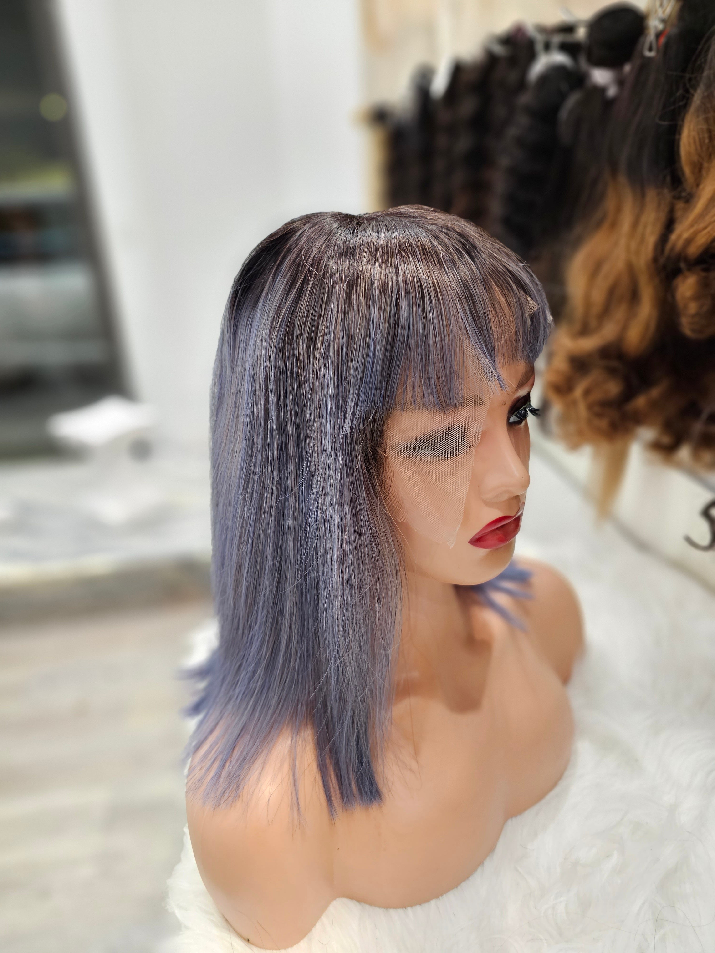 Parrucca 100% capelli veri 12" ( 30cm ) con frangia colore 1b  con sfumature grigie