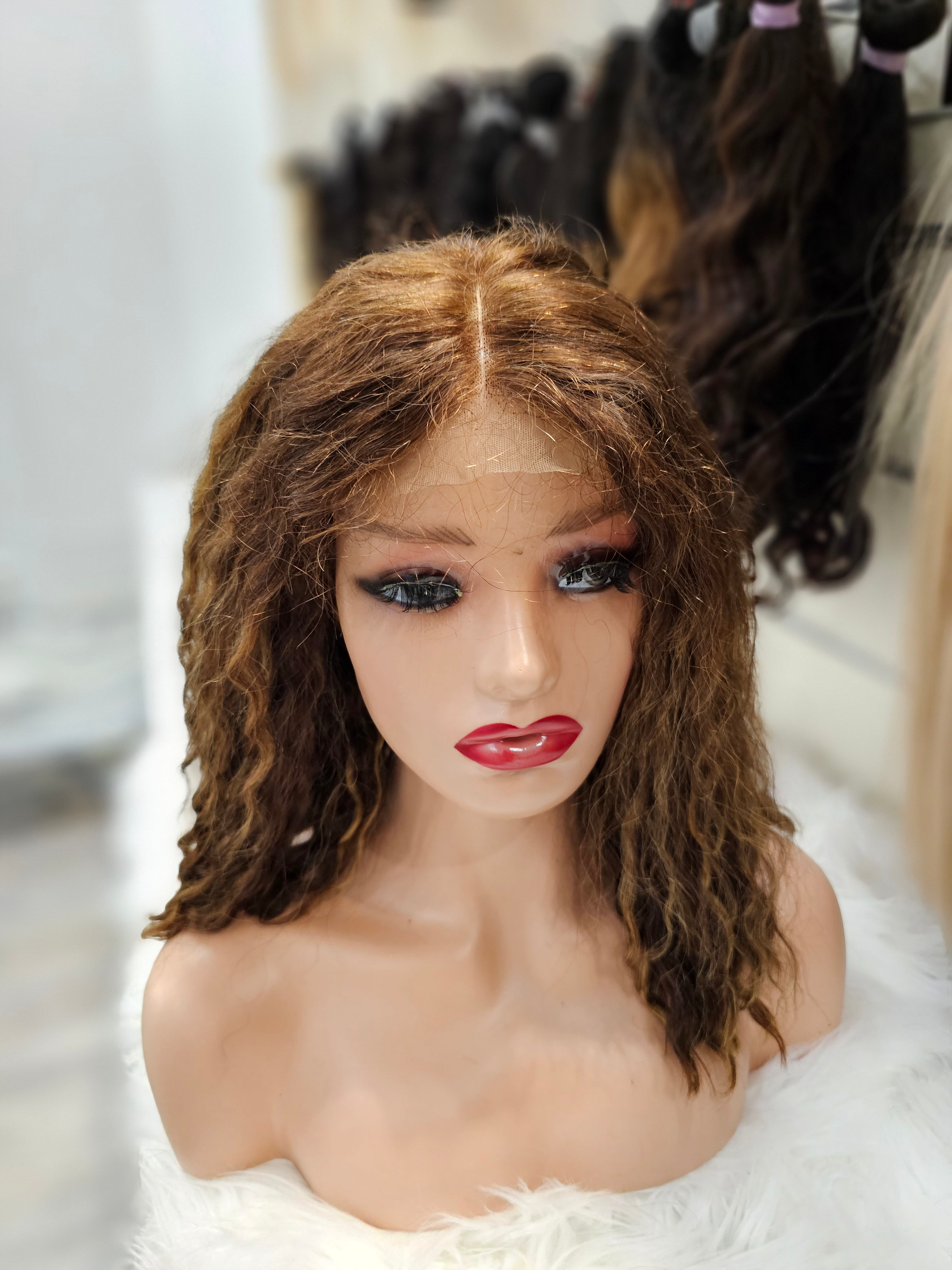 Parrucca riccia water wave lunga 35cm ( 14" ) colore mesciato #4/27 ANGELBELLA bobtt-7b4/27#ww14lk